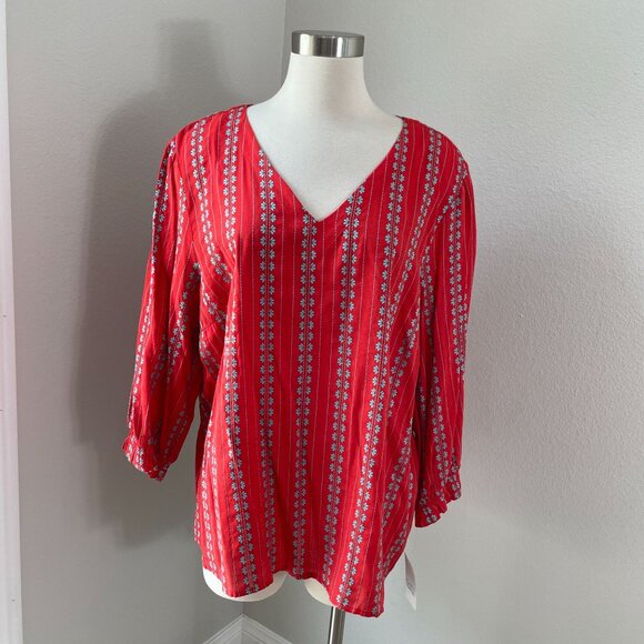 NEW CROFT & BARROW Womens Plus XXL Red Floral Striped V Neck Tunic Top Shirt - Picture 1 of 12